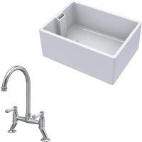 Balterley Fireclay 1 Bowl Belfast Sink Mixer Tap Brushed Nickel 615mm in White