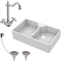 Balterley Fireclay Double Bowl Butler Sink French Classic Tap & Waste 895mm in White