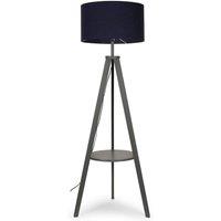 ValueLights Morrigan Grey Wood Tripod Floor Lamp with Fabric Drum Shade & Bulb in Dark Navy