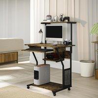 FURNOS Industrial Rolling Computer Desk With Keyboard Tray & Shelves in Brown