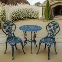 FURNOS Set of 3 Cast Iron Rose Floral Bistro Table & Chair Green