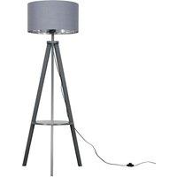 ValueLights Morrigan Grey Wood Tripod Floor Lamp with Fabric Drum Shade & Bulb in Metallics