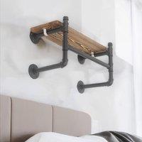 FURNOS Industrial Pipe Wall-Mounted Floating Shelf With Hanging Rail in Brown