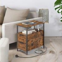 FURNOS Slim Bedside Table With Power & USB Outlets in Brown
