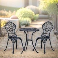 FURNOS Set of 3 Cast Aluminium Bistro Table & Chair Leaf Design in Black