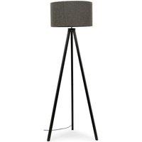ValueLights Barbro Black Wood Tripod Floor Light Lamp with Reni Boucle Shade in Grey