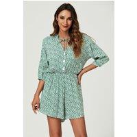 FS Collection Women's Daisy Floral Print Boho Playsuit With Buttons In Green | Size: XL