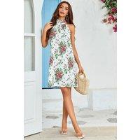 FS Collection Women's Pink Floral Print Halter Neck Tie Back Mini Dress In White | Size: XS