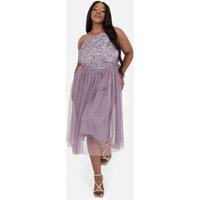 Maya Deluxe Women's Embellished Halter Neck Midi Dress in Lilac | Size: 20