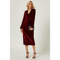 FS Collection Women's Velvet Wrap Style Long Sleeve Midi Dress In Wine | Size: 6-8