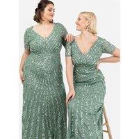 Maya Deluxe Women's Short Sleeve Stripe Embellished Maxi Dress in Dark Green | Size: 8
