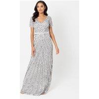 Maya Deluxe Women's Short Sleeve Stripe Embellished Maxi Dress in Grey | Size: 26
