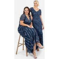 Maya Deluxe Women's Short Sleeve Stripe Embellished Maxi Dress in Navy | Size: 14