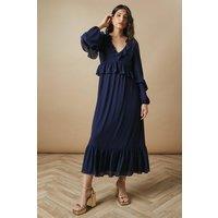 Oasis Women's Ruffle Neckline Chiffon Midi Dress in Navy | Size: 8
