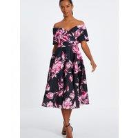 Quiz Women's Black Petite Floral Bardot Skater Midi Dress | Size: 8