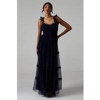 Oasis Women's Flutter Sleeve Tiered Mesh Bridesmaid Dress in Navy | Size: 8