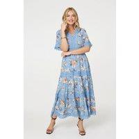 Izabel London Women's Floral Lace Trim Tiered Maxi Dress in Blue | Size: 10