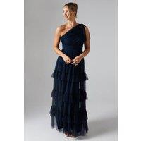 Oasis Women's Pleated Mesh One Shoulder Tiered Maxi Bridesmaid Maxi Dress in Navy | Size: 10