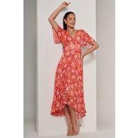 Jolie Moi Women's Floral Pleated Chiffon Dip Hem Dress in Orange | Size: 16