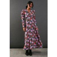 Floral Viscose V Neck Long Puff Sleeve Midi Dress