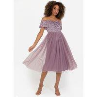 Maya Deluxe Women's Bardot Embellished Midi Dress in Lilac | Size: 16