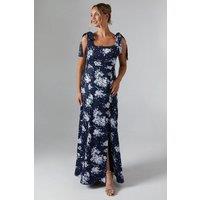 Oasis Women's Midnight Bloom Printed Satin Tie Shoulder Maxi Bridesmaid Dress in Navy | Size: 10