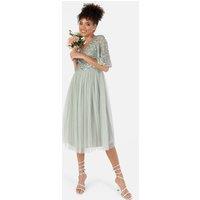 Maya Deluxe Women's Short Flutter Sleeve Embellished Midi Dress in Mint | Size: 8