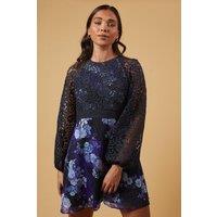 Oasis Women's Petite Occasion Floral Lace Bodice Mini Dress in Navy | Size: 10