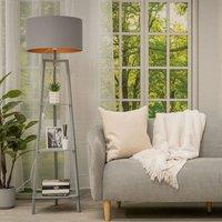ValueLights Hiru Grey 3 Tier Wooden Shelf Floor Lamp with Grey & Copper Shade
