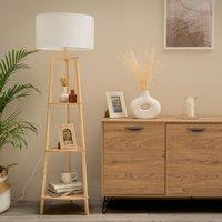 ValueLights Hiru Natural 3 Tier Wooden Shelf Floor Lamp with Large Drum Shade in White