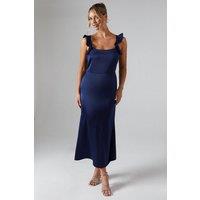 Oasis Women's Ruffle Square Neck Satin Bridesmaid Midi Dress in Navy | Size: 14