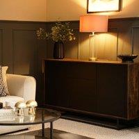 ValueLights Balan Glass & Matt Gold Table Lamp with Velvet Drum Lamp Shade in Mid Grey