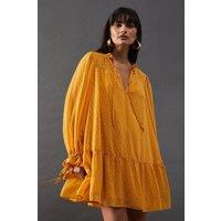 Warehouse Women's Dobby Chiffon Tie Neck Drop Hem Mini Smock Dress in Yellow | Size: 8