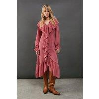 Dobby Chiffon Ruffle High Low Hem Midi Dress