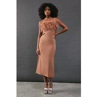 Warehouse Women's Feather Detail Diamante Strap Bandeau Midi Dress in Tan | Size: 8