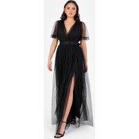 Anaya with Love Women's Faux Wrap Short Sleeve Belted Maxi Dress in Black | Size: 6