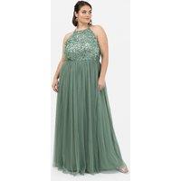 Maya Deluxe Women's Embellished Halter Neck Maxi Dress in Dark Green | Size: 12