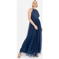 Maya Deluxe Women's Embellished Halter Neck Maxi Dress in Navy | Size: 14