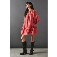 Warehouse Women's Dobby Chiffon Tie Neck Drop Hem Mini Smock Dress in Rose | Size: 12