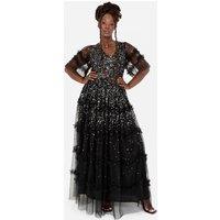 Maya Deluxe Women's Fully Embellished Short Sleeve Maxi Dress in Black | Size: 12