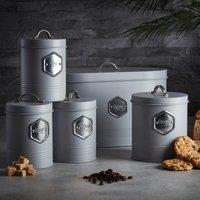 Cooks Professional 5 Piece Bread Biscuit Tea Coffee Sugar Storage Set with Silver Labels in Grey