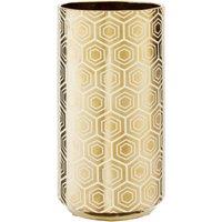 Orsina Gold Ceramic Vase with Hexagonal Pattern, Vintage Luxe Cylindrical Stoneware Vase, Geomeric Vase