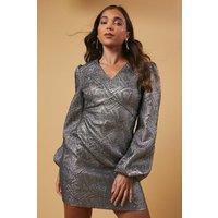 Oasis Women's Petite Occasion Jacquard Puff Sleeve Mini Dress in Silver | Size: 10