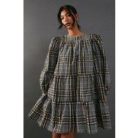 Warehouse Women's Check Smock Tiered Mini Dress in Khaki | Size: 10