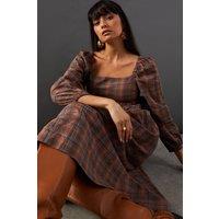 Square Neck Volume Sleeve Check Midi Dress