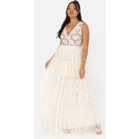 Maya Deluxe Women's Floral Embellished Tiered Maxi Dress in Nude | Size: 8