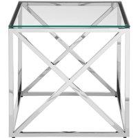 Orsina Polished Steel & Glass End Table, Square Transparent Glass Top Side Table, Cross Base Modern Accent Table in Silver