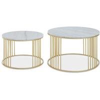 Orsina Set of 2 White Marble & Gold Frame Side Tables, Round White Marble Tops on Geometric Gold Iron Base
