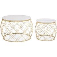 Orsina Set of 2 White Marble Top Side Tables with Gold Frame, Round Tempered Marble Tops on Gold Iron Bases