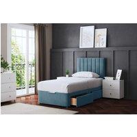 DS Living Amelia Upholstered Metallic Blue Panel 2 Draw Divan Bed with Headboard | Size: Super King